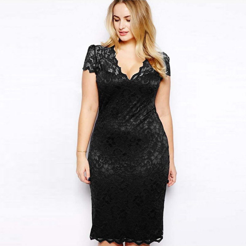 Lace 5XL Plus Size Women Dress V Neck Short Sleeve Bodycon Pencil Ladies Dresses Spring Summer Elegant See Though Vestidos Mujer alx