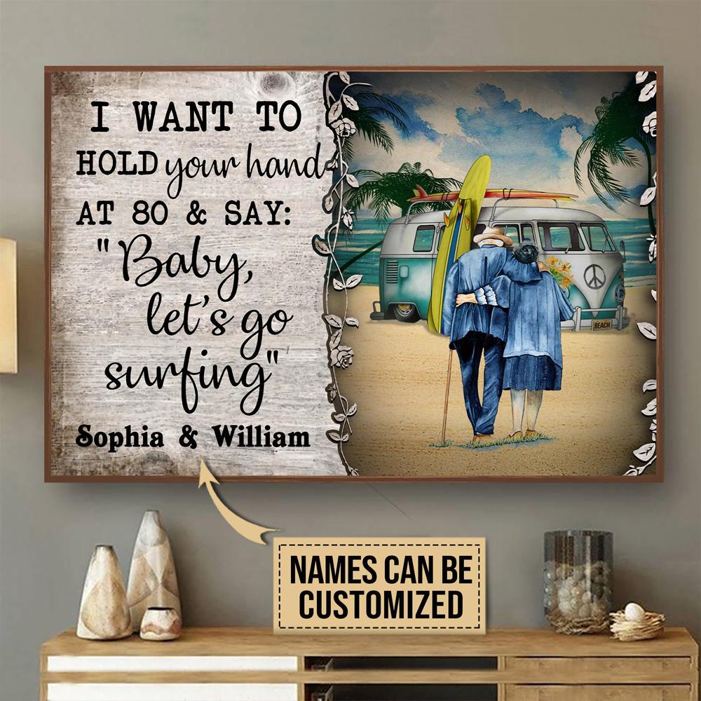 Aeticon Gifts Personalized Surfing Old Couple Baby Lets Go Canvas Mom Dad Gift Home Decor