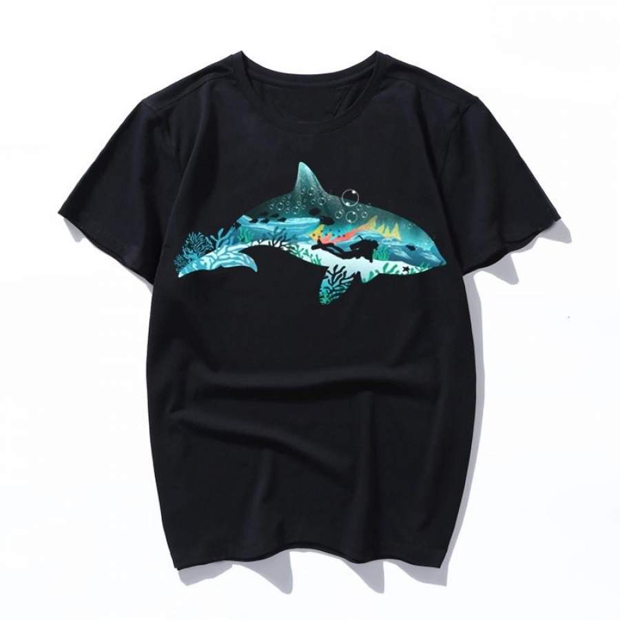 dolphin diver T-shirt women 2019 New Short sleeve Pullovers Pure cotton round neck casual loose men clothes