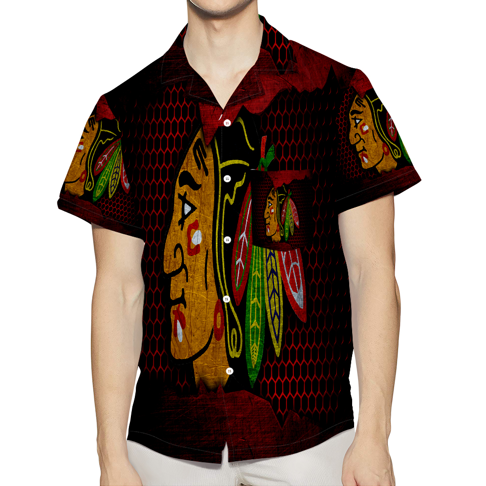 Chicago Blackhawks Emblem Texture Metal 3D All Over Print Summer Beach Hawaiian Shirt With Pocket