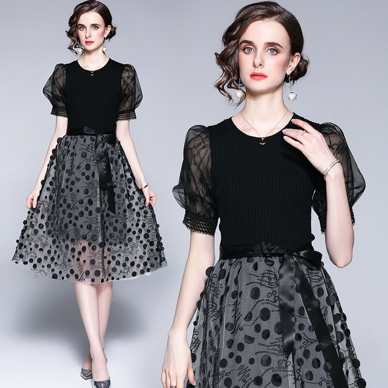 Autumn Short Puff Sleeve Mesh Pullover Sequin Embroidery Dress Luxury Ice Silk Knitted Stitching Midi Tulle Belt Vestido k8289 alx