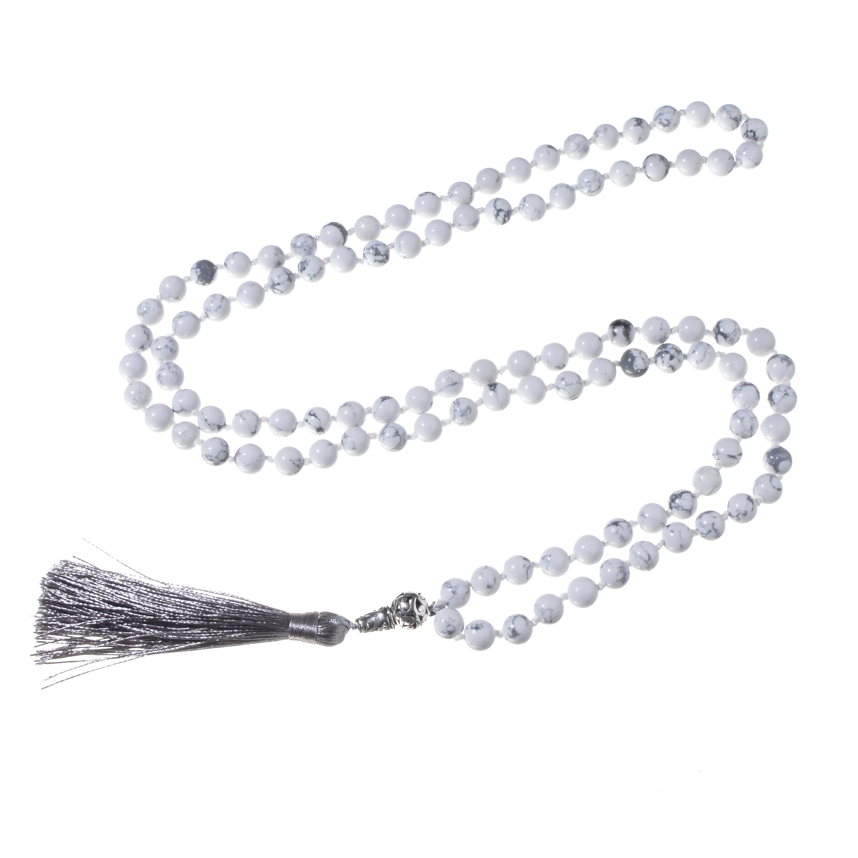 8mm Natural White Howlite Japamala Necklace 108 Mala Beaded Knotted Yoga Meditation Spiritual Jewelry with Tassel Pendant alx