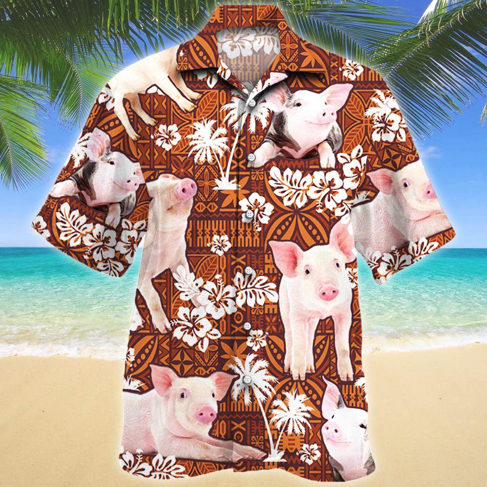 Pig Red Tribal Pattern Hawaiian Unisex Print Aloha Short Sleeve Casual Shirt Ha2358