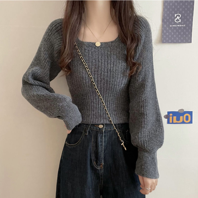 Women Clothes All-match Knitting Solid Color Square Collar Long Sleeve Pullovers Autumn Fashion Loose Sweater Ladies Sweet Tops alx