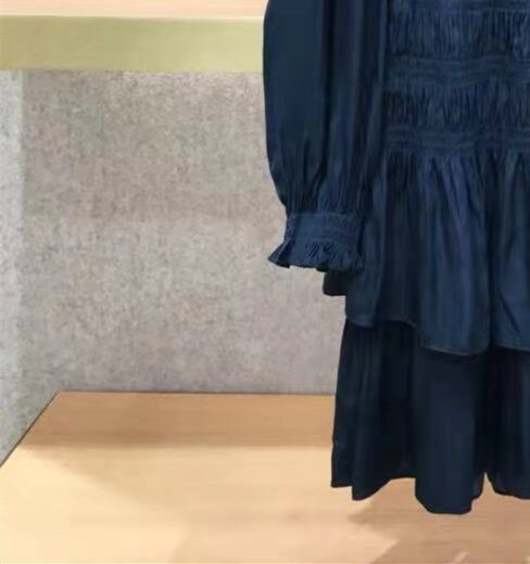 Women Dark Blue Mini Robes Lace-up Elastic Waist A-line Long Sleeve Female Dress 2021 Autumn New alx