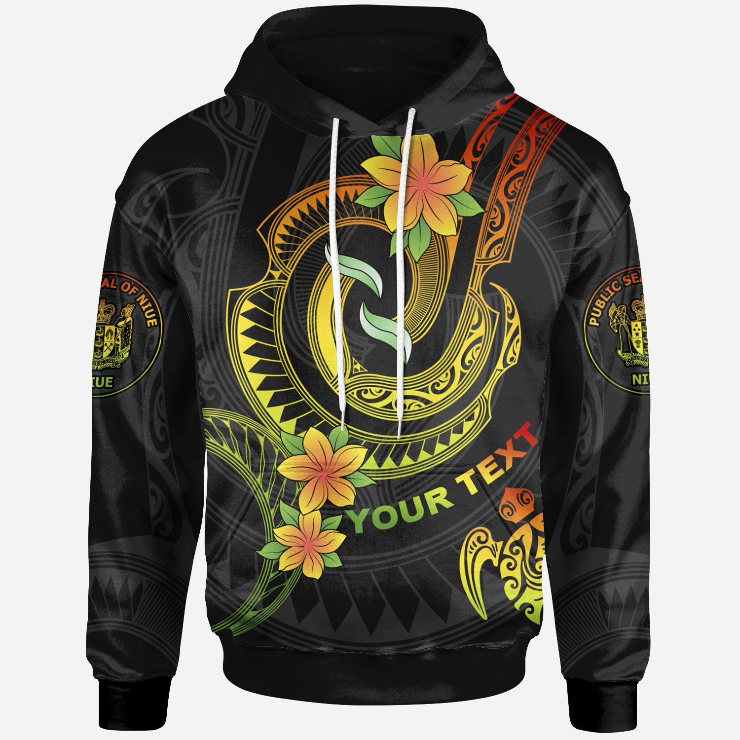 Niue Custom Personalised Hoodie – Reggae Plumeria Flowers with Spiral Patterns – BN26