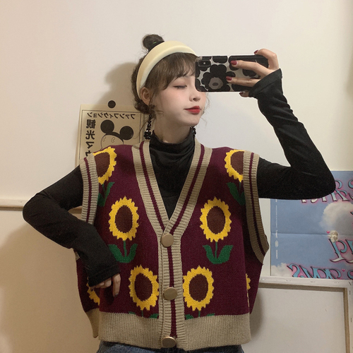 Vintage Green Sweater Vest Women Korean Style V-neck Sleeveless Sunflower Knit Cardigan Harajuku Jacquard Female Waistcoat Tops alx