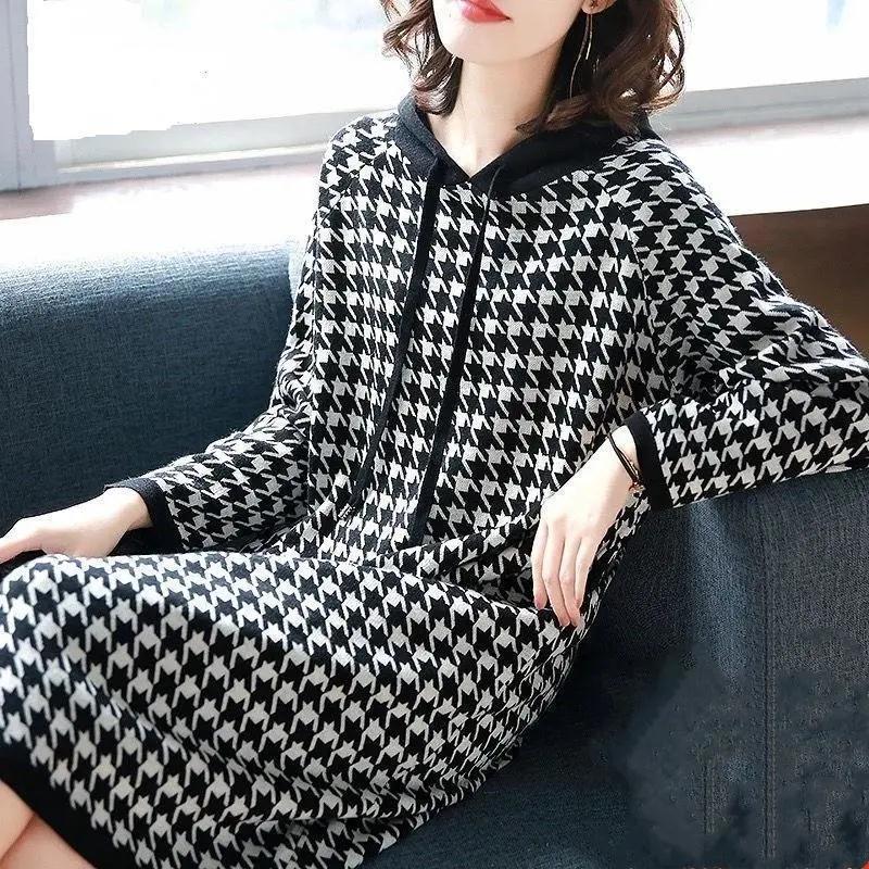 6XL Women’s Dress 2022 Autumn New Fashion Houndstooth Hooded Sweater Hoodie Dresses Winter Long-Sleeved Base Dress Female alx