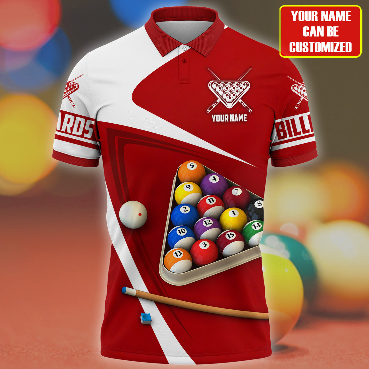 Personalized Name Billiard Player All Over Printed Unisex Polo Shirt, Red Billiard Uniform Shirt