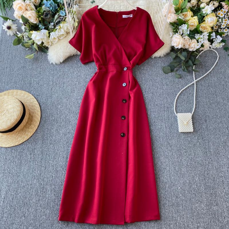 2022 Vintage Slim V Neck Button Summer Office Midi Long Dress Vestido De Festa Party Evening Women Casual Elegant Tunic Vestidos alx