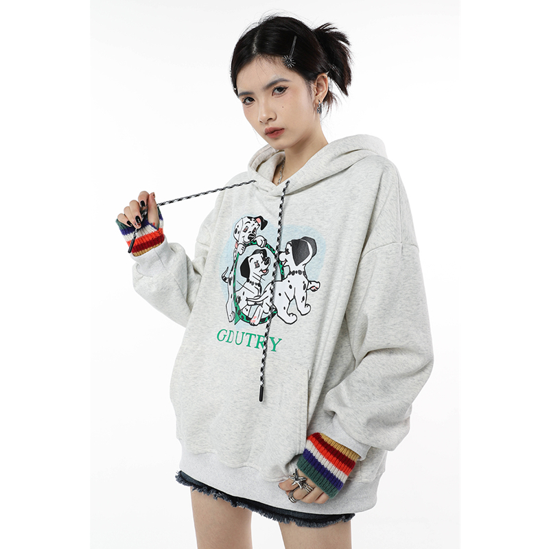 Women Grey Pullover Letter Printing Winter Fashion American Fleece Sweatshirt Casual Baggy Lazy Vintage Drawstring Hoodie Tops alx