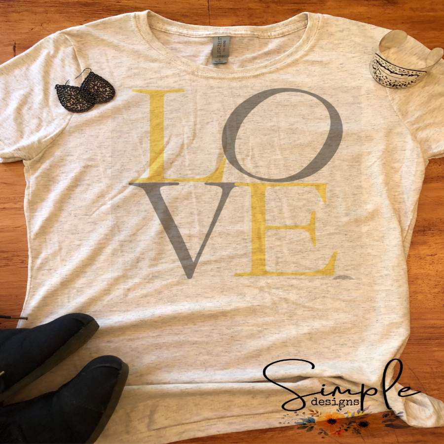 Grey and Yellow LOVE T-shirt, Valentines Day, Love Never Fails, Love One Another