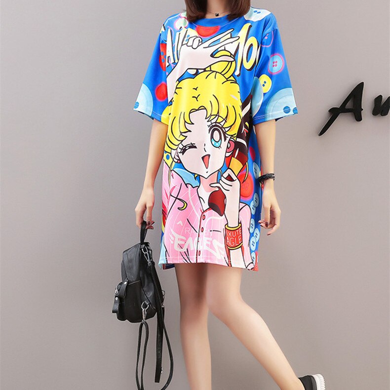 Vefadisa Cartoon Print Dress Women Short Sleeve Dress 2022 Summer Long T Shirt Women Casual Maxi Tops Cotton Dress Female JM001 alx