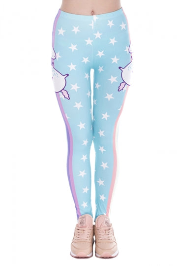 Women Skinny Fitness Halloween Unicorn Printed Leggings Blue