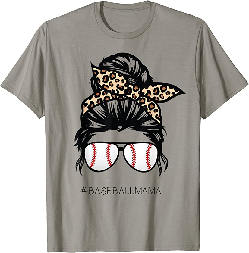 Baseball mama Leopard Funny Mom messy hair bun Mother’s Day T-Shirt