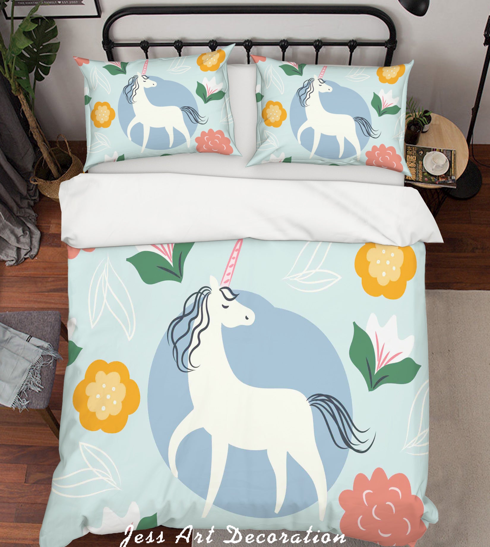 3D Blue Unicorn Floral Quilt Cover Set Bedding Set Pillowcases 22