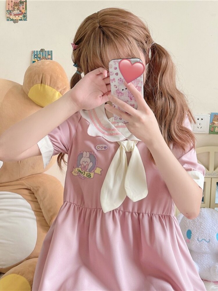 Kawaii Sweet Women Dress Cute Rabbit Embroidery Lolita A-line Summer Dresses 2022 Short Sleeve Ladies Knee Length Pink Dress alx