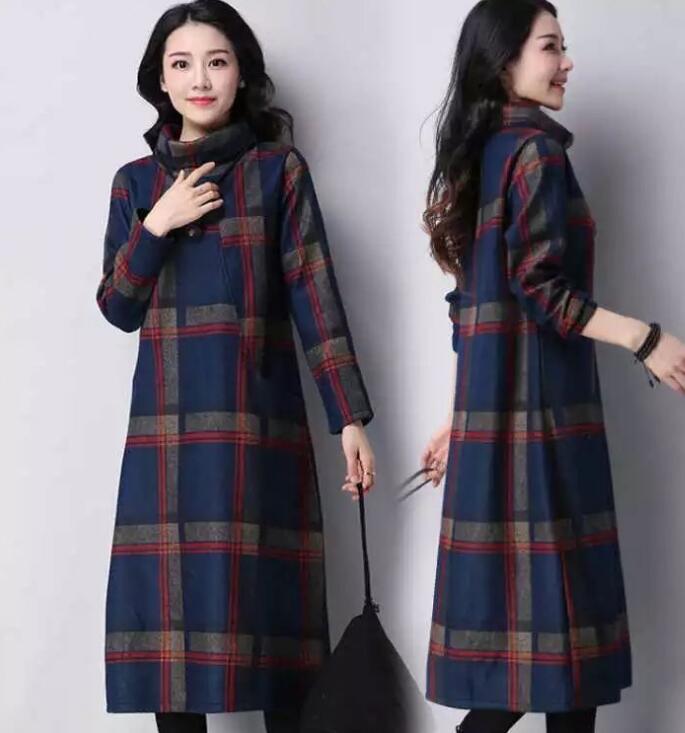 Winter Women Long Dress Vintage Turtleneck Long Sleeve Velvet Plaid Dress 2022 New Loose Woolen A-Line Dress CJH001 alx