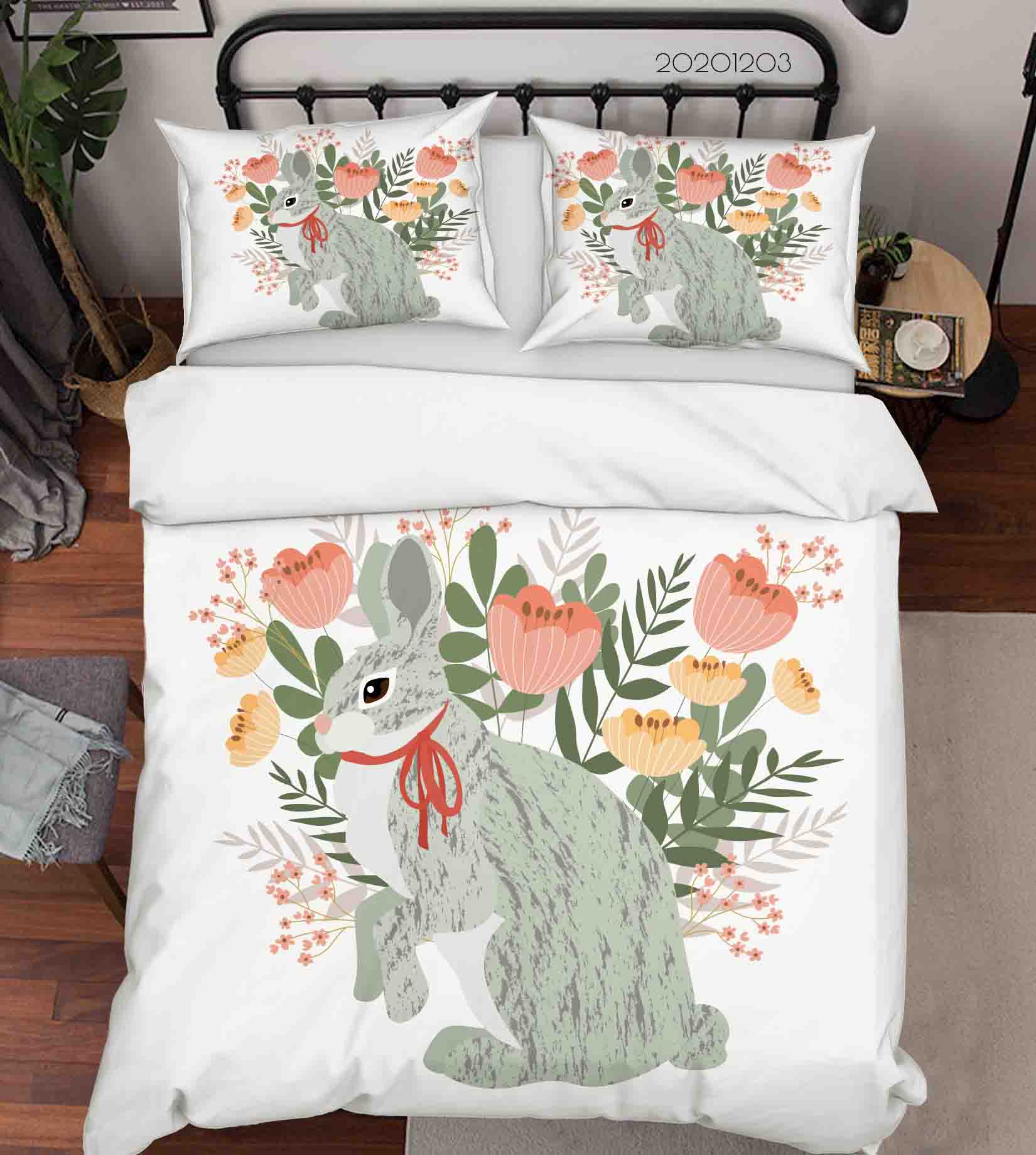 3D Cartoon Hand Drawn Colorful Floral Plant Illustration Bunny Animal Quilt Cover Set Bedding Set Duvet Cover Pillowcases Lxl