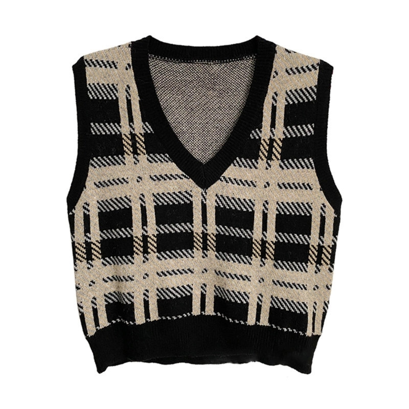 V-Neck Loose Sleeveless Sweater Knitted Plaid Waistcoat Oversized Sleeveless Top Sweater Vest Winter Knitwear M6CD alx