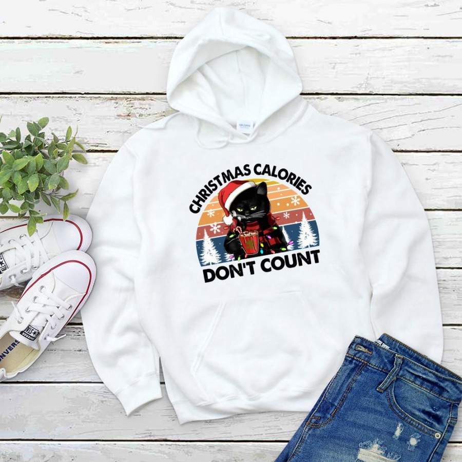 Black cat christmas calories cocoa candy cane light retro vintage sunset santa hat white hoodie for men and women S-5XL