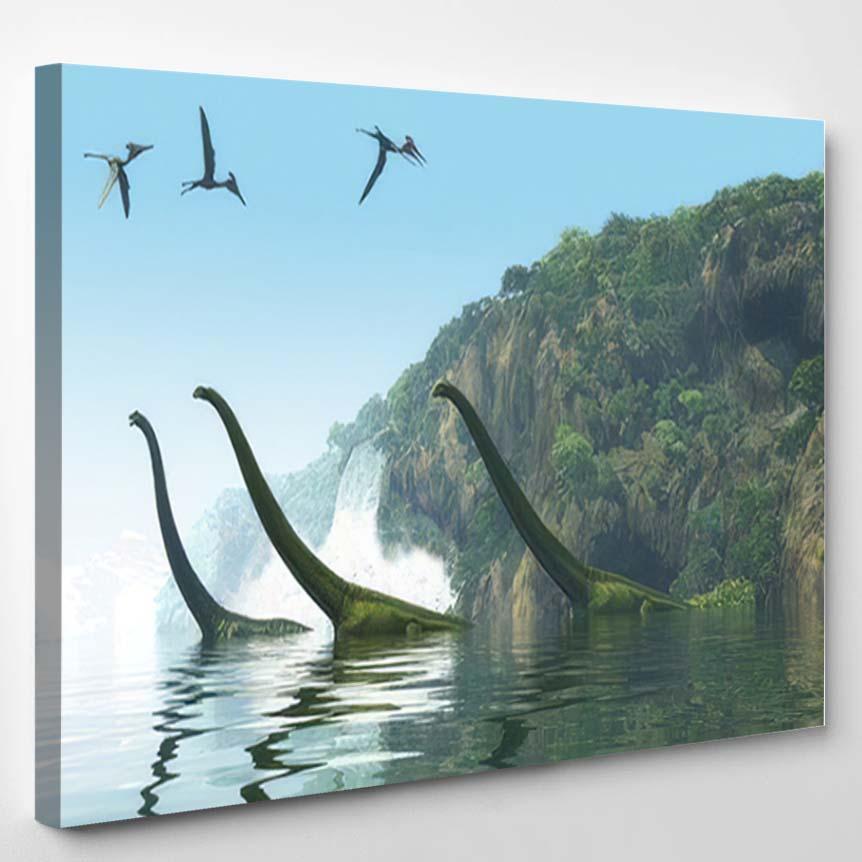 Mamenchisaurus Dinosaur Foggy Day 3D Illustration – Dinosaur Animals Canvas Print