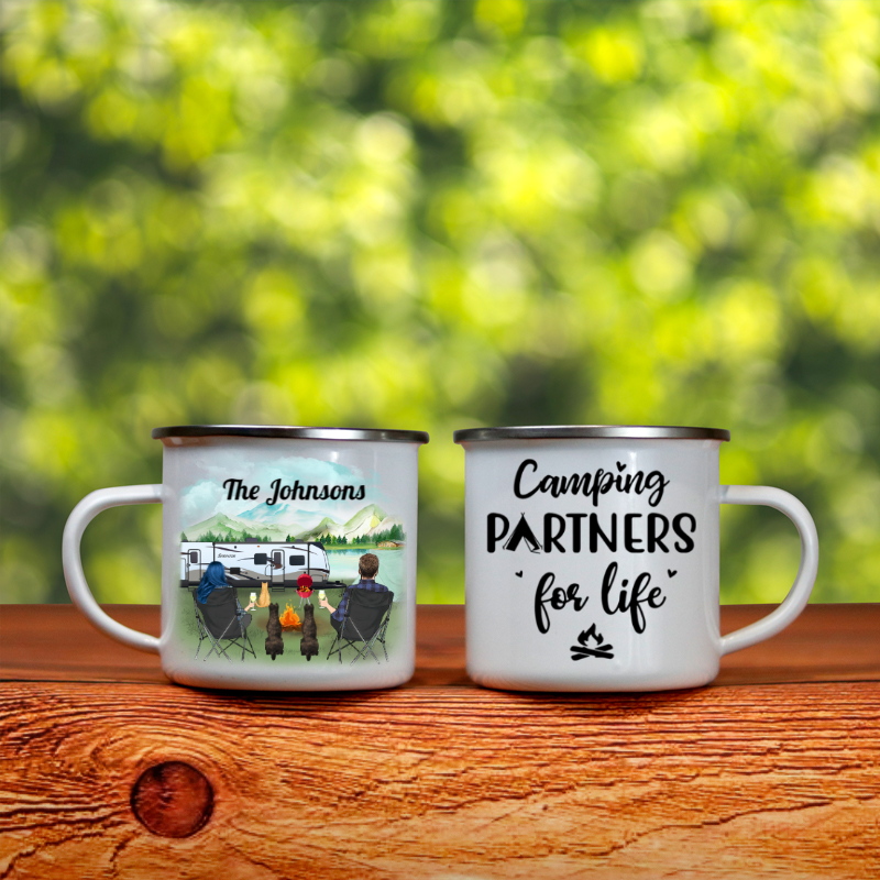 Personalized Cat, Dog & Owners Campfire Coffee Mug, Gift Idea for the whole family, Cat dog lovers – Couple & 3 Pets Camping Enamel Mug