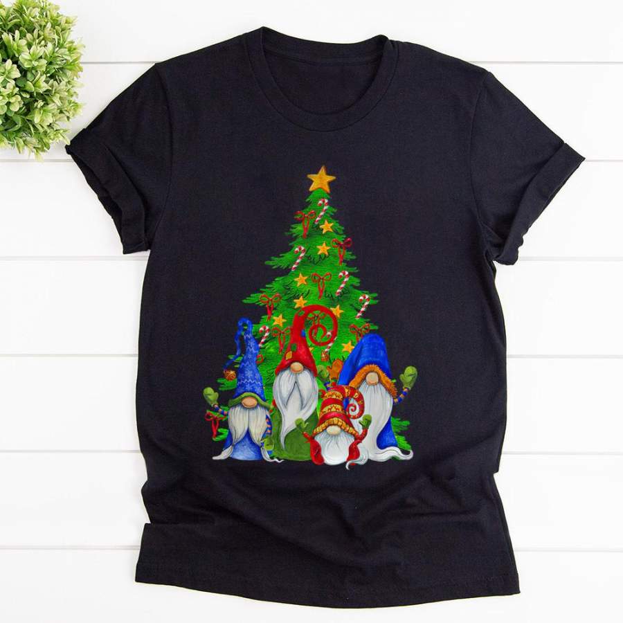 Christmas tree gnomes funny christmas happy merry xmas candy cane black cotton t shirt for men and women S-6XL