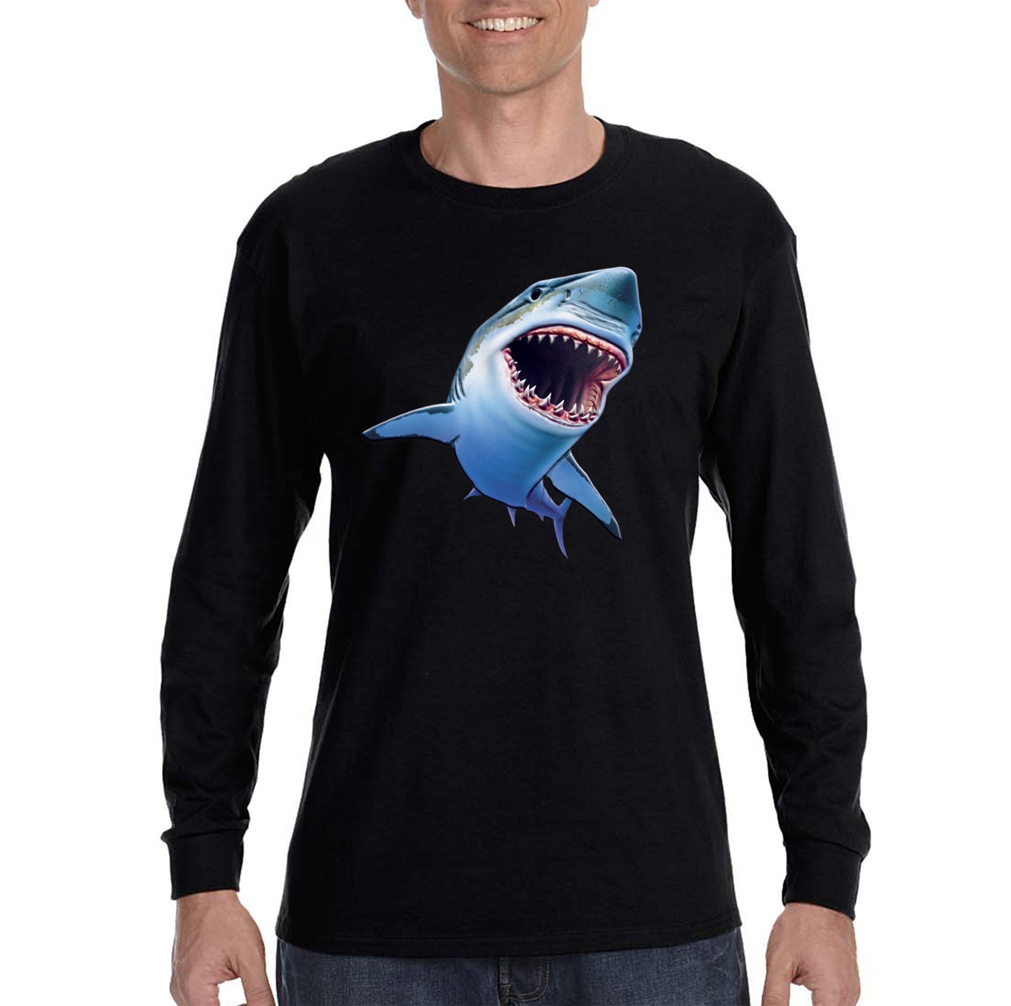 Xtrafly Apparel Men’S Sharky Great White Shark Swim Swimming Fish Fishing Diving Boating Beach Mako Blue Tiger Bull Sea Long Sleeve T-Shirt