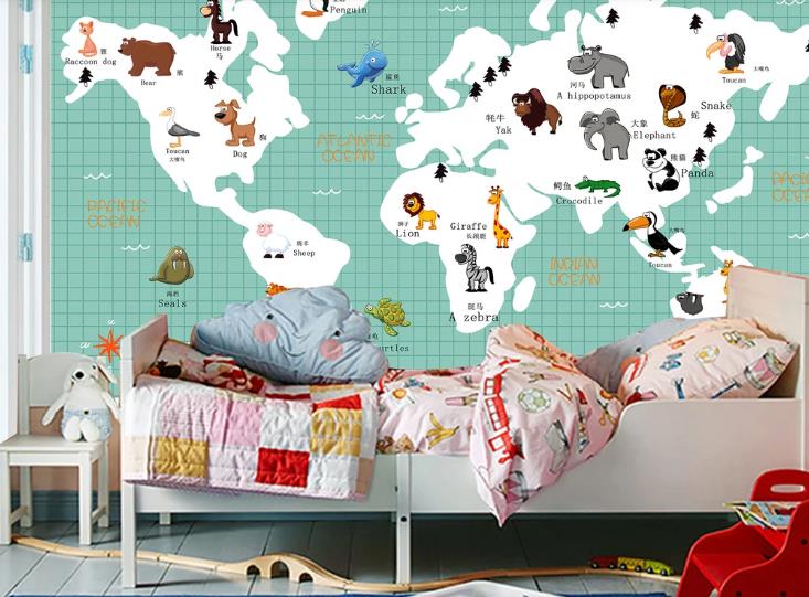 3D Green Animal World Map Wall Mural Wallpaper Lqh 375