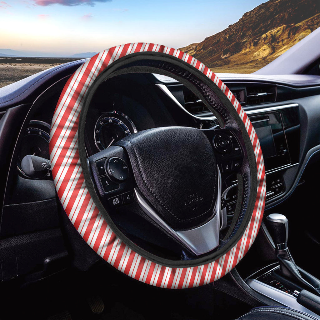 Red And White Candy Cane Stripes Print Car Steering Wheel Cover