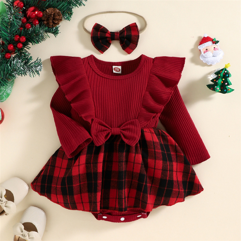 Baby Girl Christmas Romper Red Plaid Xmas Jumpsuit Dress Girl Outfits Newborn Baby New Year Costume Romper+Headband 2 PCS alx