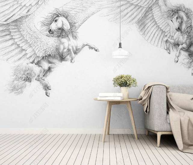 3D Hand Drawn Animal Grey Pegasus Wall Mural Wallpaper Lqh 24