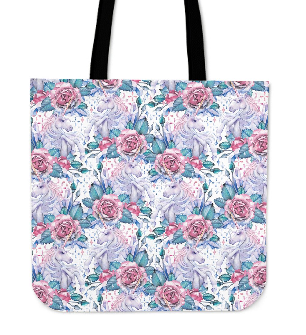 White Fairy Rose Unicorn Pattern Print Canvas Tote Bag