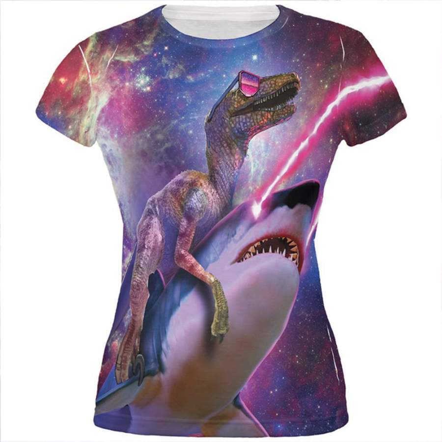 Velociraptor Laser Shark Galaxy Funny All Over Juniors T Shirt