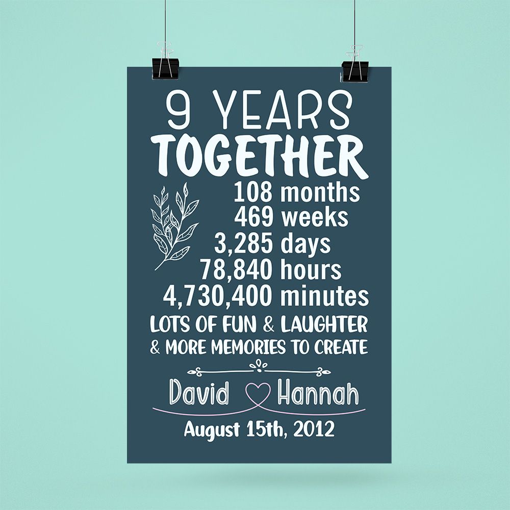 Personalized Name & Date 9Th Wedding Anniversary Gifts Poster For Couple, Parents, Wife & Husband, Him, Her