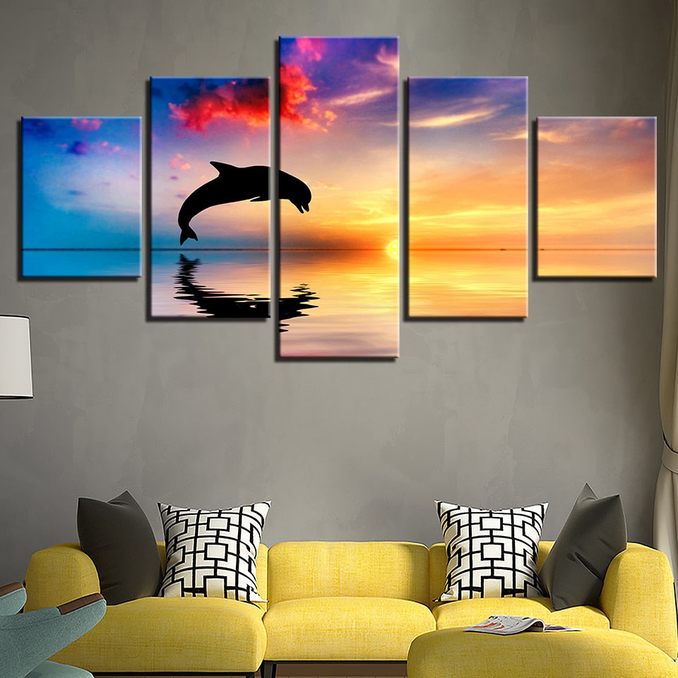 Dolphins Jump Out Of Sea 5 Piece Hd Multi Panel Canvas Wall Art Frame