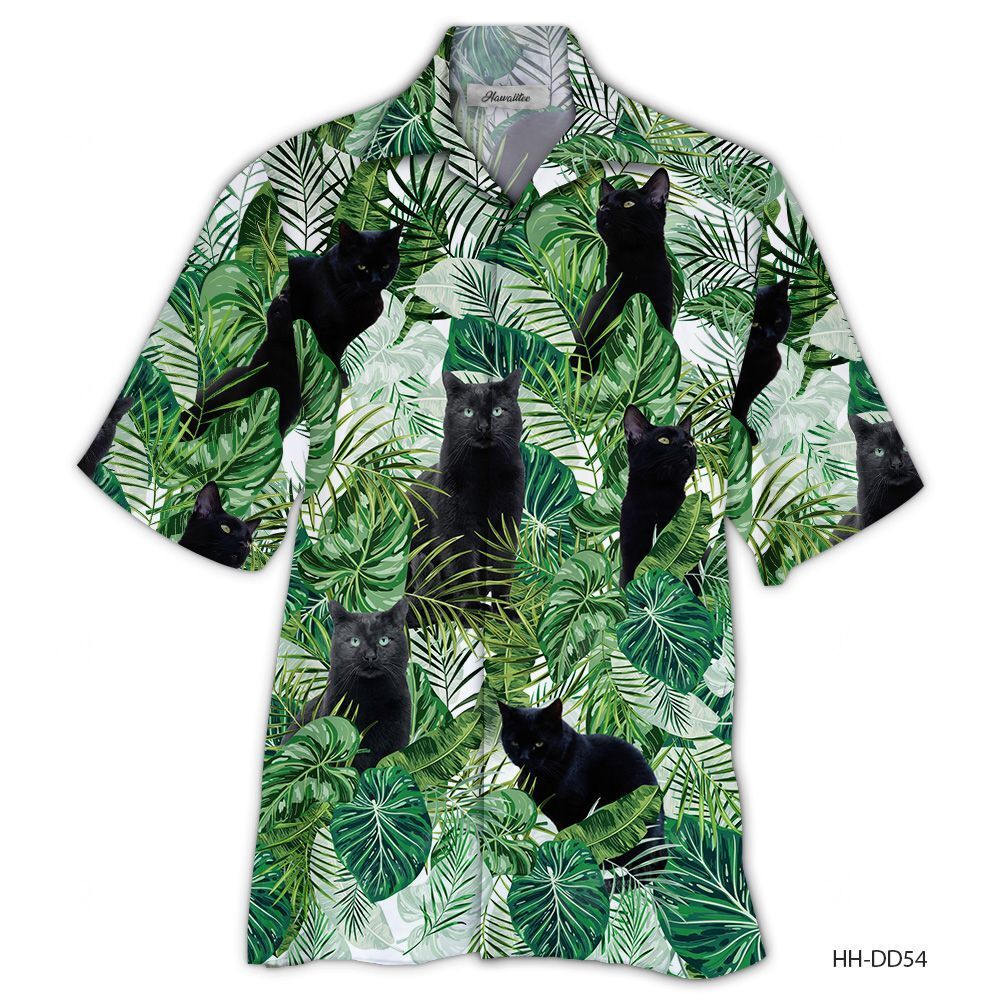 Hawaiian Shirt Short Black Cat Green Tropical Ha15381