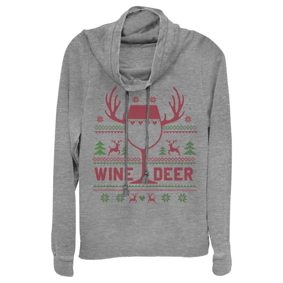 CHIN UP Junior’s Christmas Wine Deer Cowl Neck Sweatshirt