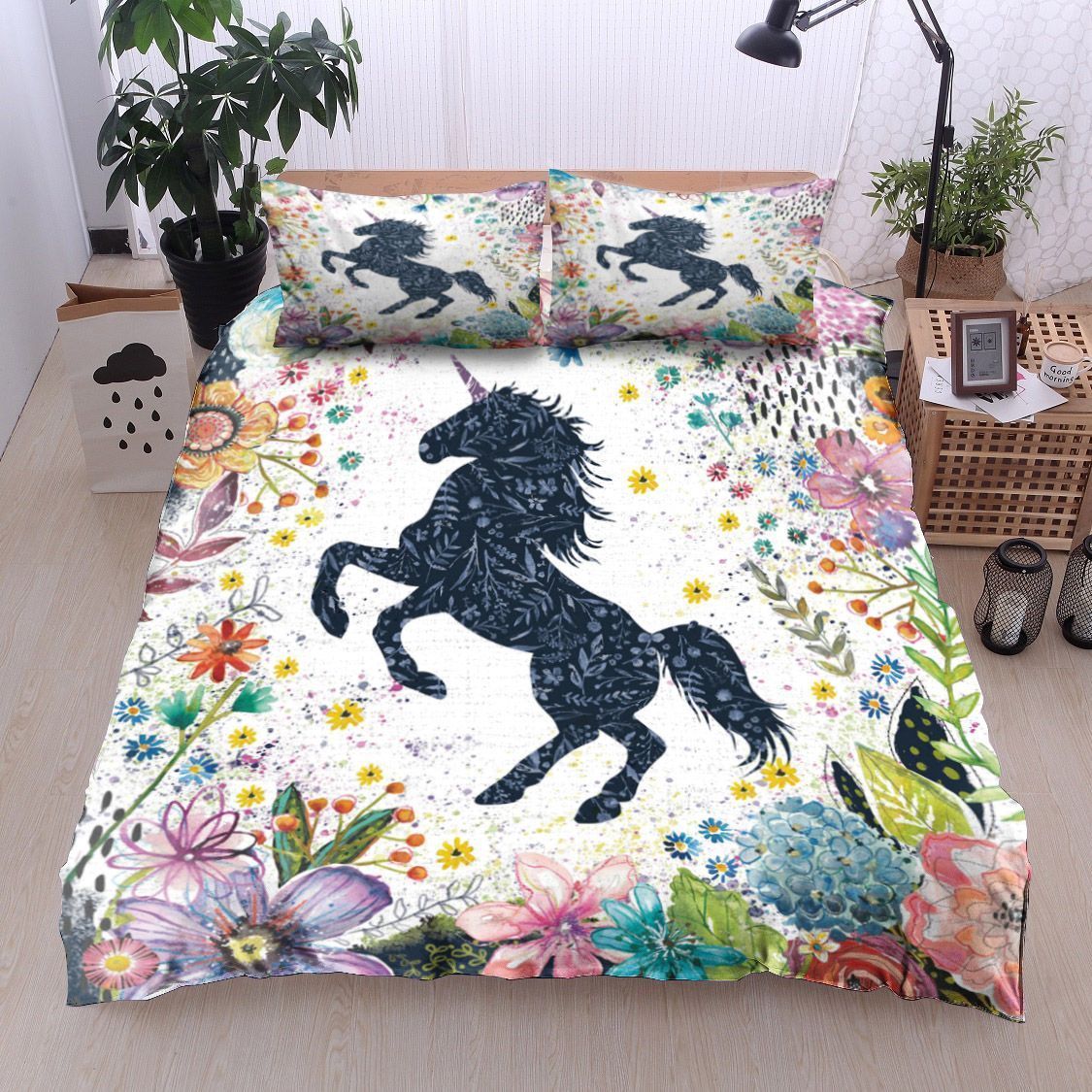 3D Black Unicorn Flower Cotton Bed Sheets Spread Comforter Duvet Cover Bedding Sets