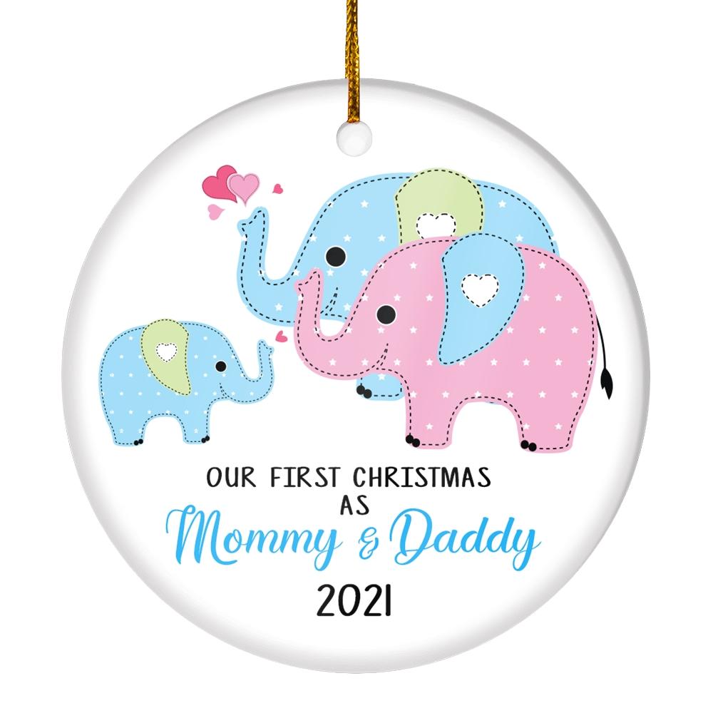 Our First Christmas As Mommy And Daddy 2021 1St Xmas Ornament For New Parents Elephant Mom Dad Newborn Baby Christmas Tree Ornament