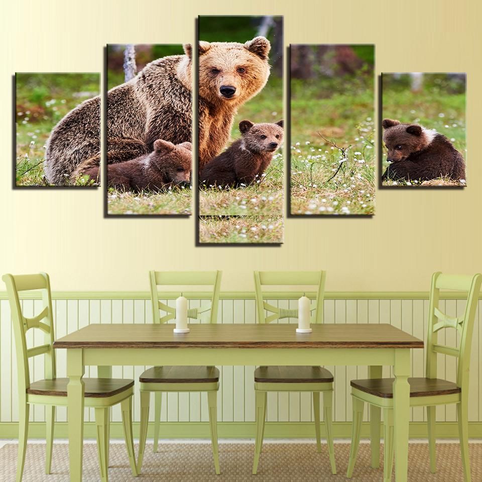 Animal Brown Bears Family Animal 5 Panel Canvas Art Wall Decor