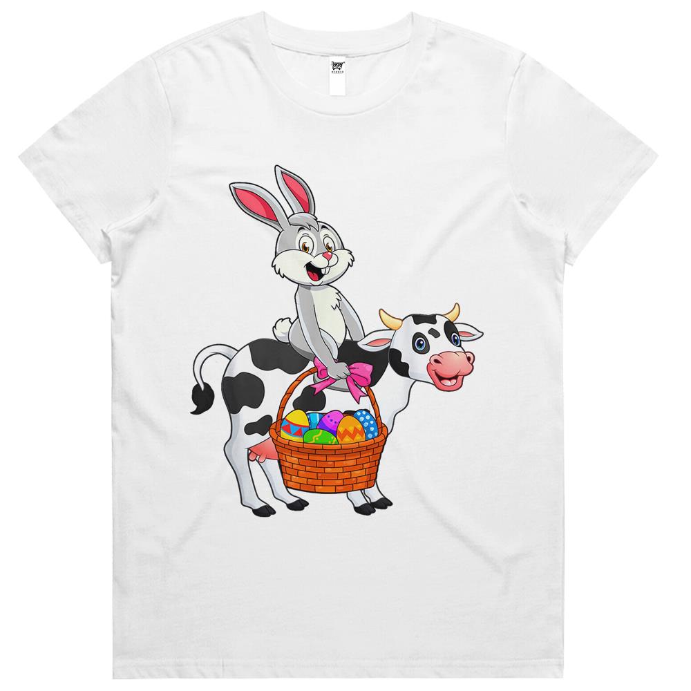 Cute Bunny Riding Cow Happy Easter Cow Lover Gifts Womens Tshirts