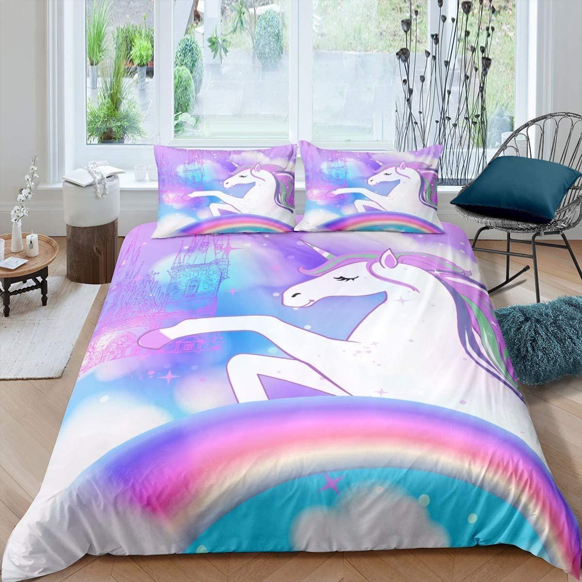 3D Beautiful Unicorn On The Rainbow Cotton Bed Sheets Spread Comforter Duvet Cover Bedding Sets