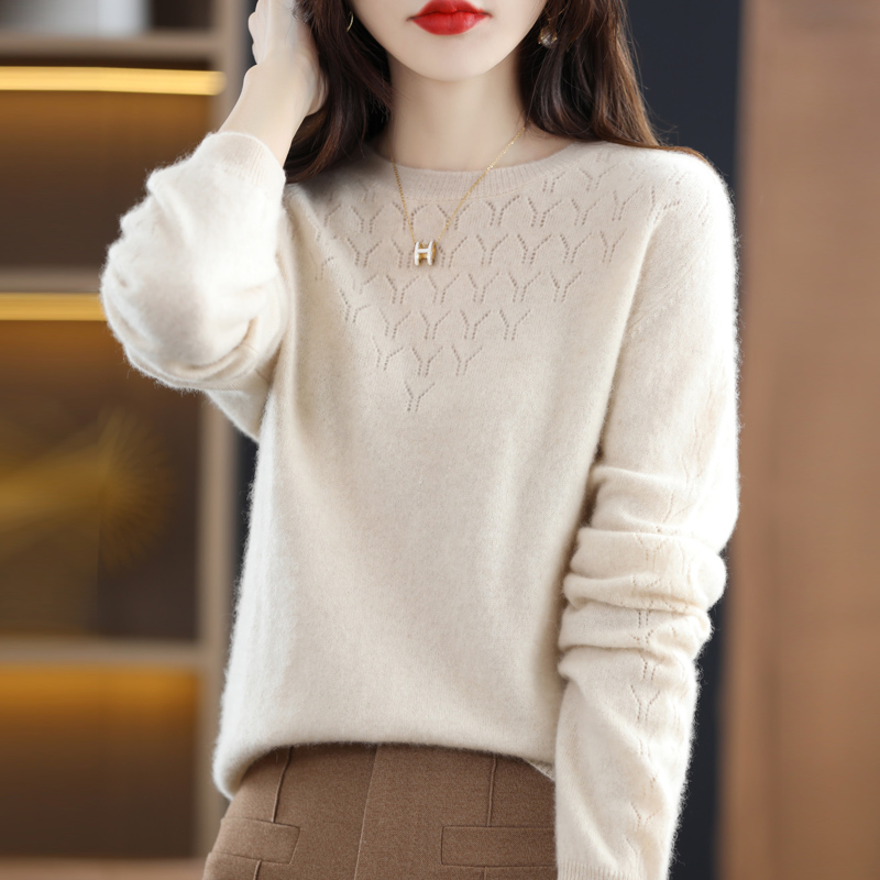 Autumn Winter New Ladies Pullover 100% Wool Natural Fiber Round Neck Hollow Out Fashion High Quality Cashmere Sweater Clothes alx