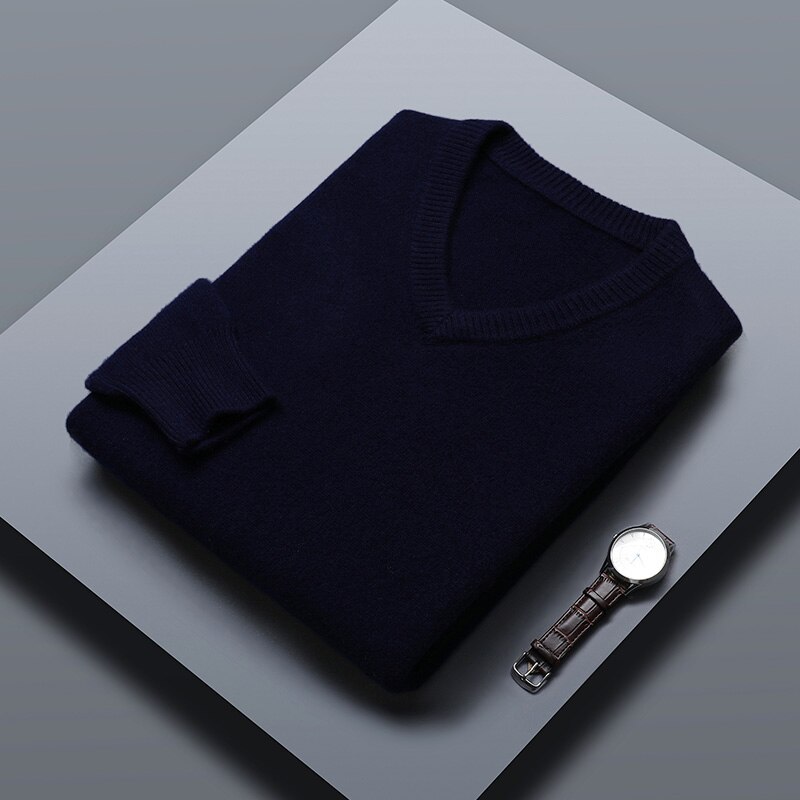 2021 V-Neck Cashmere Sweater Men’s Autumn Winter New Knit Thick Casual Top 100%Pure Wool Loose Pullover High-End Warm Base Shirt alx