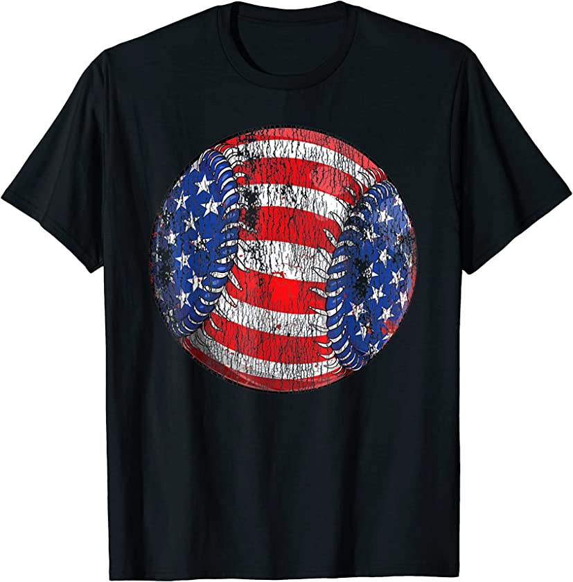 Baseball American Flag 4th of July Vintage Softball Funny T-Shirt