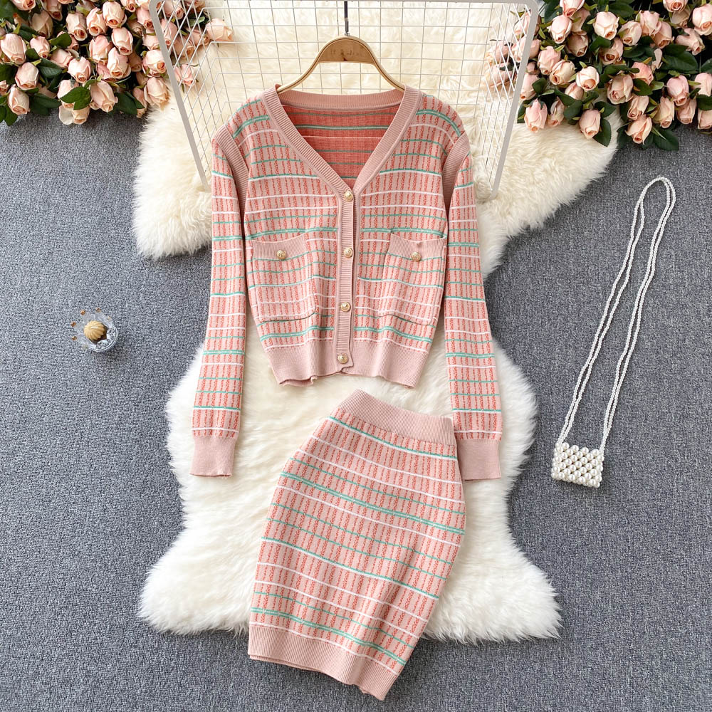 Women knitting Sets 2022 Korean Autumn Sweet Ladies Long-Sleeved Knit Stripe Cardigan Thin Half-Length Short Skirt Two-Piece alx