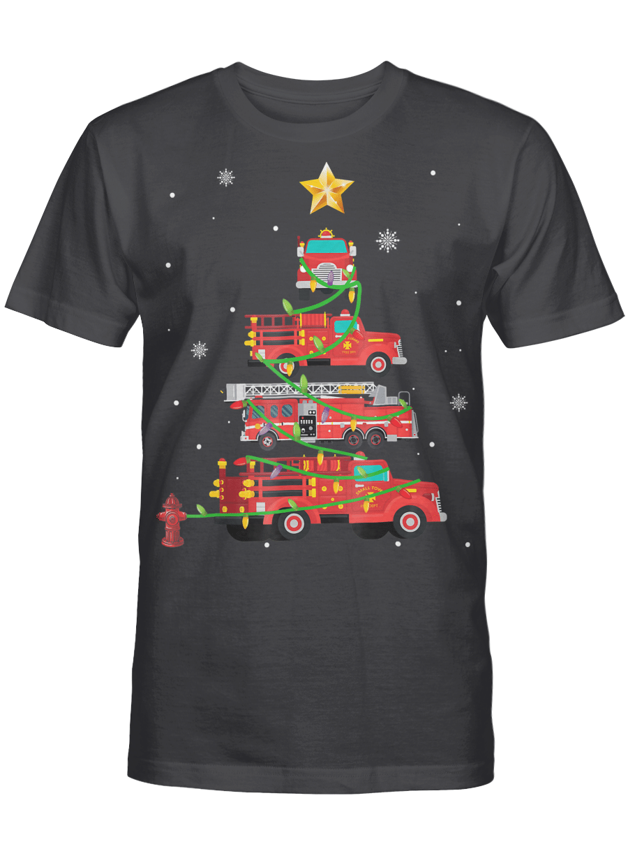 AmazeStyleZ Santa’s Reindeer, Ugly Christmas Sweater, Christmas Gift Ideas, Firefighter Fire Truck Christmas Tree Xmas Tshirt Gifts