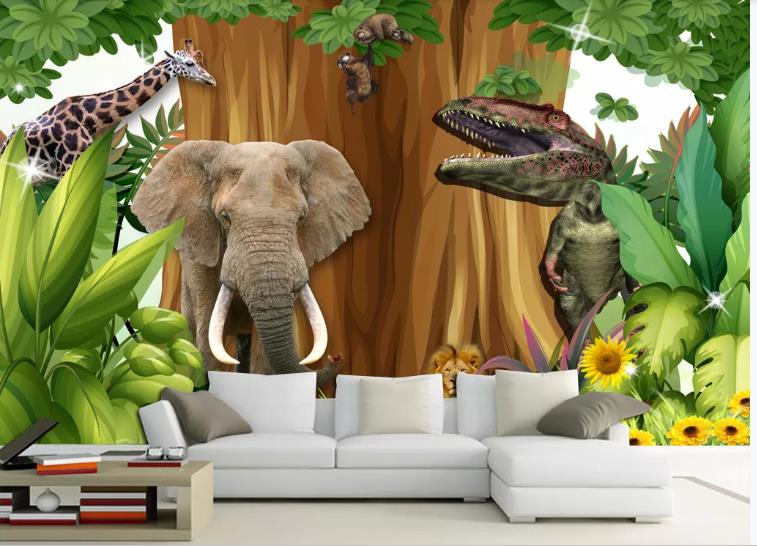 3D Hand Drawn Forest Animal Dinosaur Elephant Wall Mural Wallpaper Lqh 519